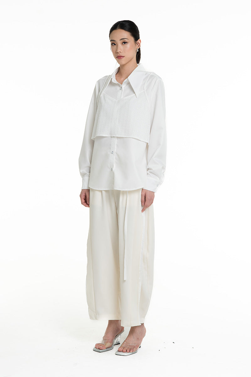 Shirt With Openwork Knitted Bralette In White