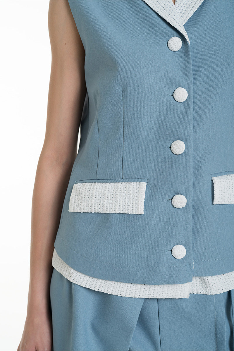 Vest With Openwork Knitted Insert In Sky Blue