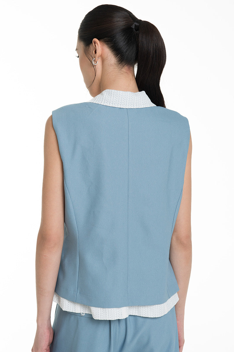 Vest With Openwork Knitted Insert In Sky Blue