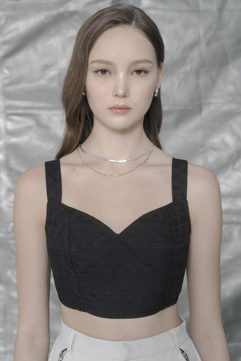 Zipper Embroidery Bralette In Black