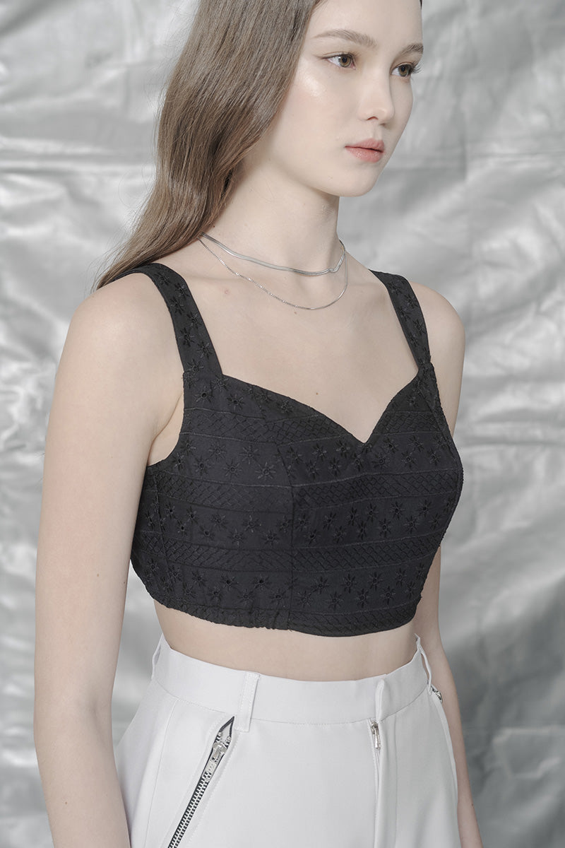 Zipper Embroidery Bralette In Black