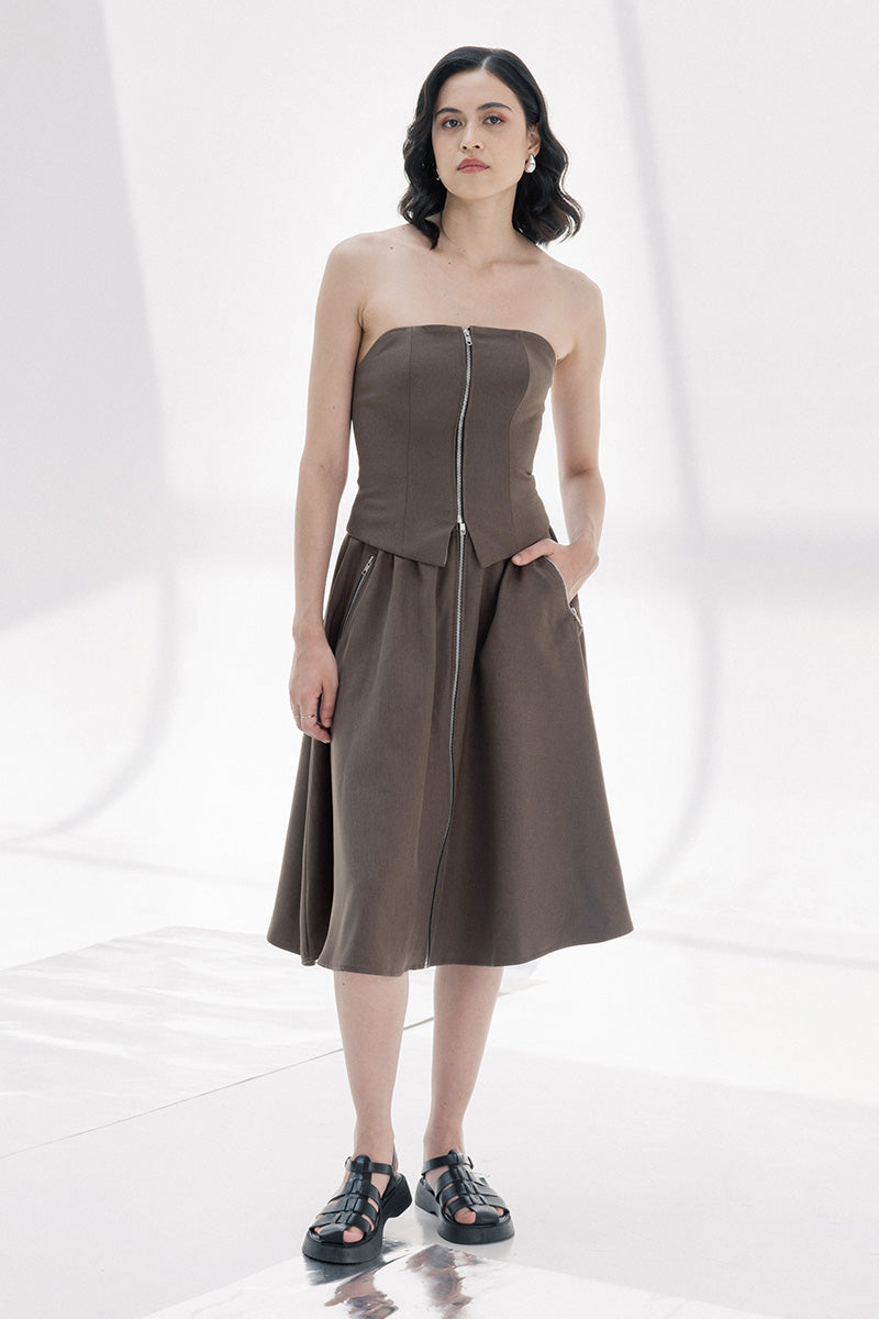 Zipper Midi Skirt In Dark Khaki