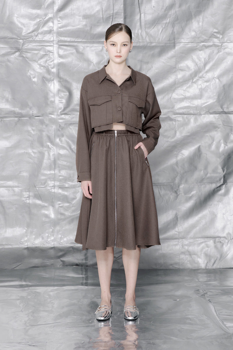 Zipper Midi Skirt In Dark Khaki