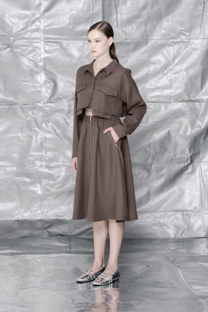 Zipper Midi Skirt In Dark Khaki