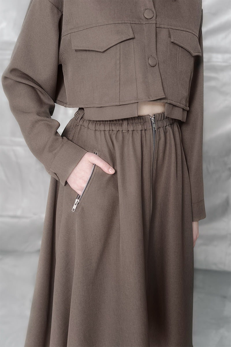 Zipper Midi Skirt In Dark Khaki