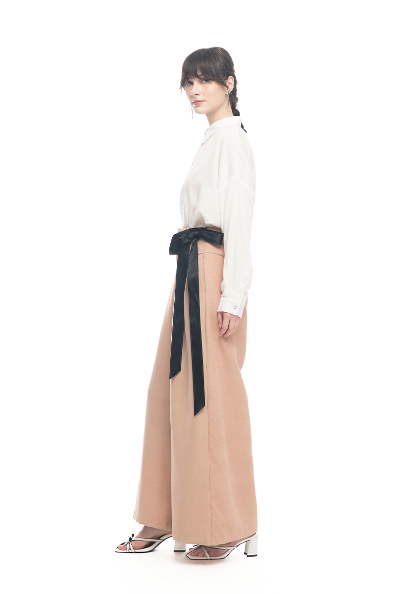 Bow Sash Wide Leg Pants In Camel