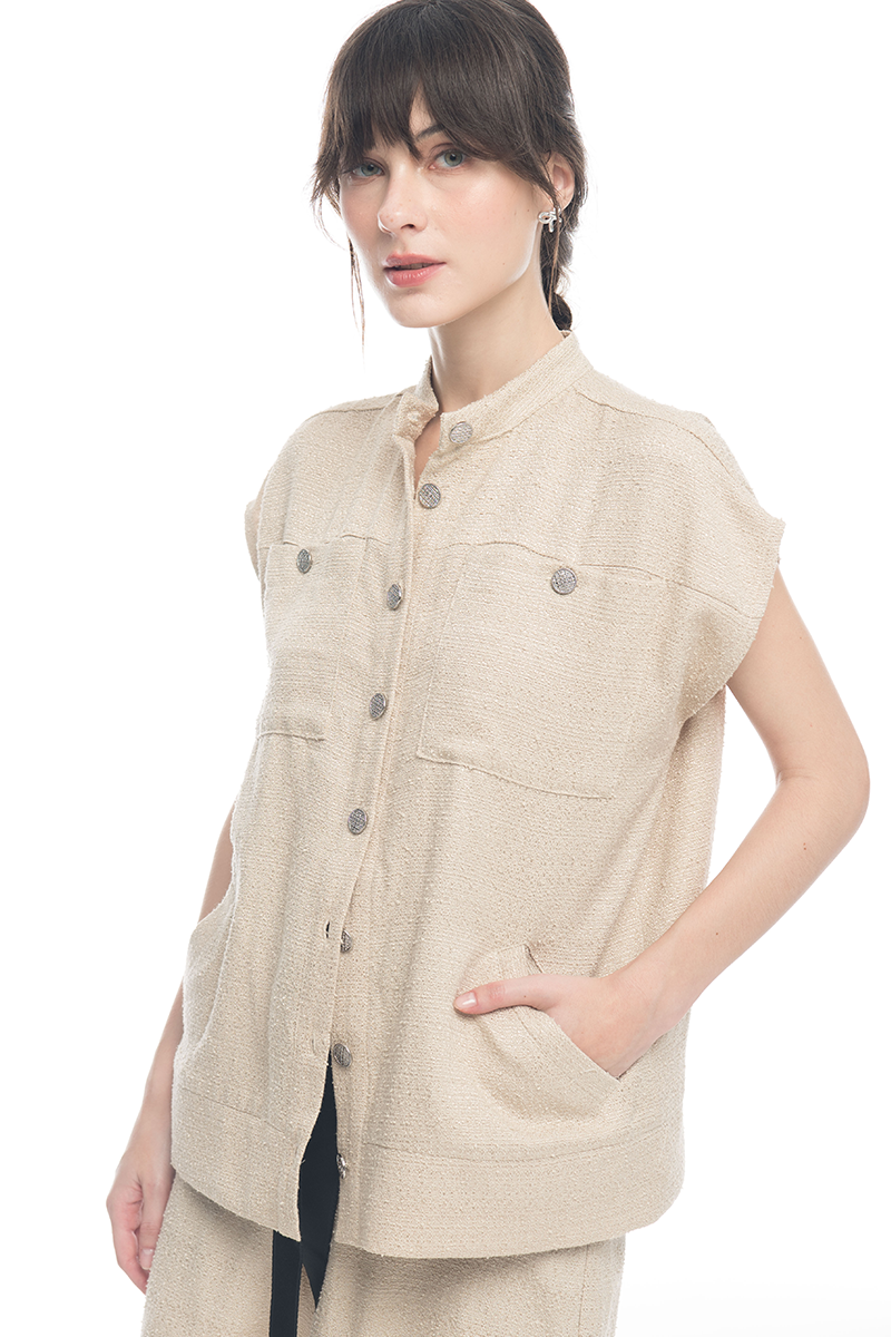 Cap-Sleeved Utility Tweed Top In Cream