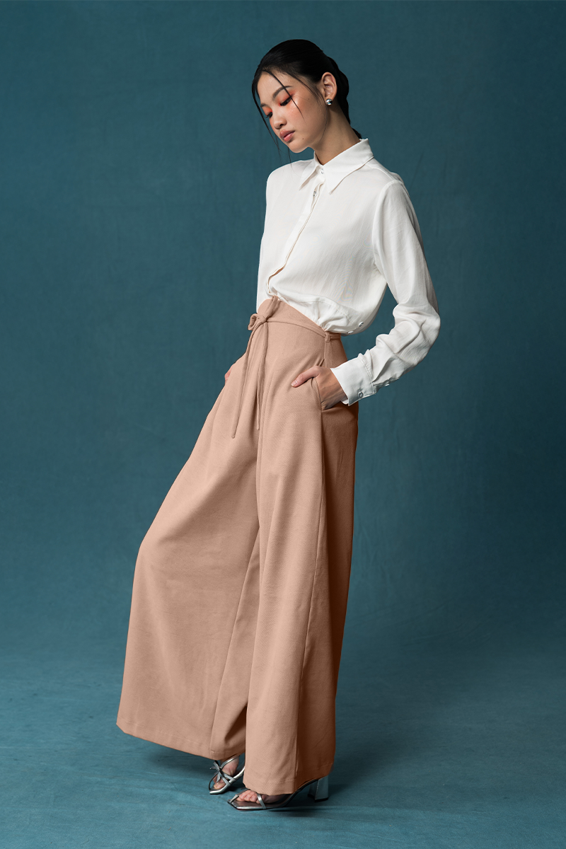 Bow Belt Wide Leg Pants In Camel