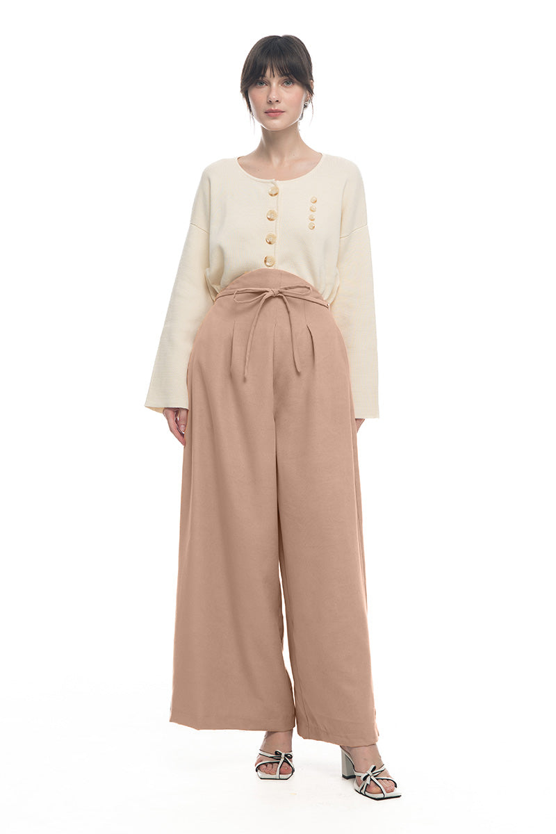 Bow Belt Wide Leg Pants In Camel