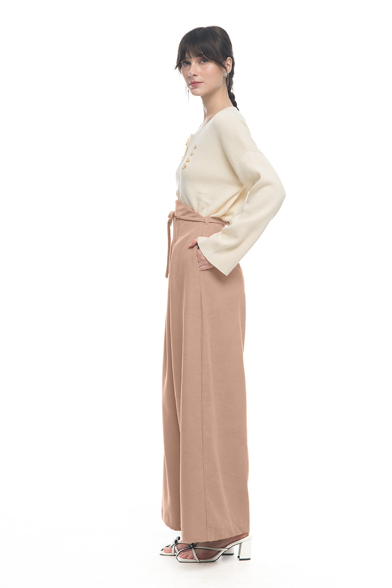 Bow Belt Wide Leg Pants In Camel