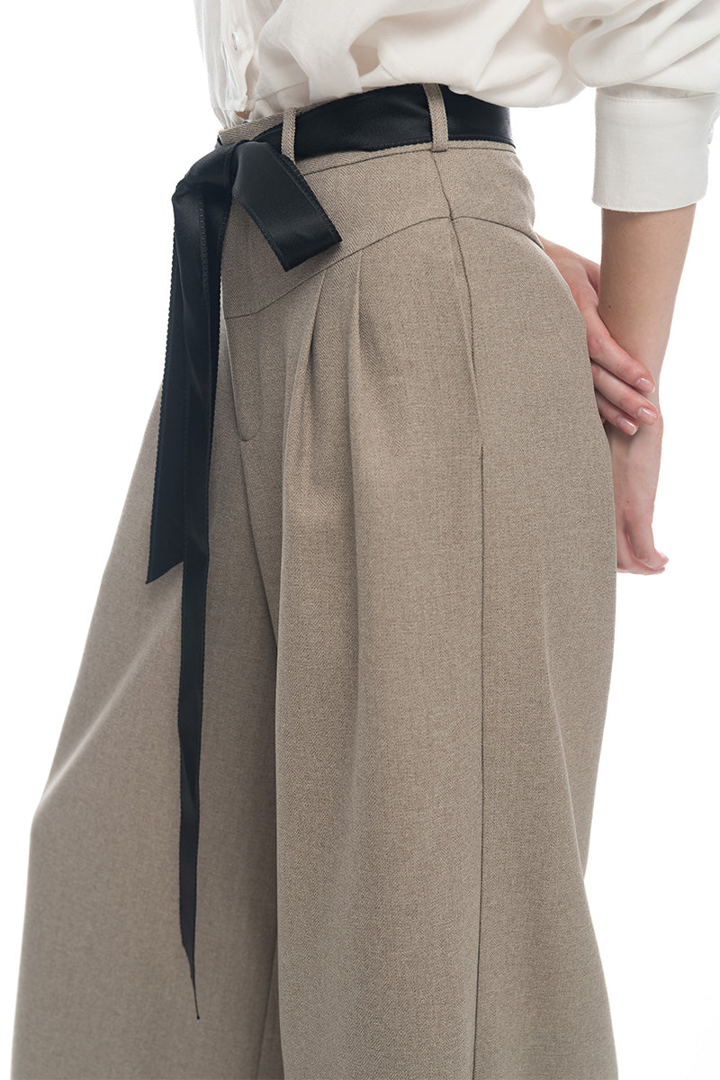 Bow Sash Wide Leg Pants In Taupe