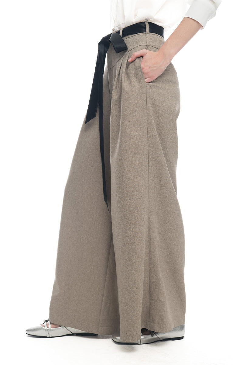 Bow Sash Wide Leg Pants In Taupe