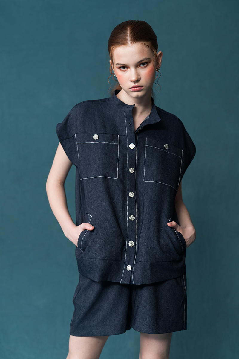 Cap-Sleeved Utility Top In Denim Blue