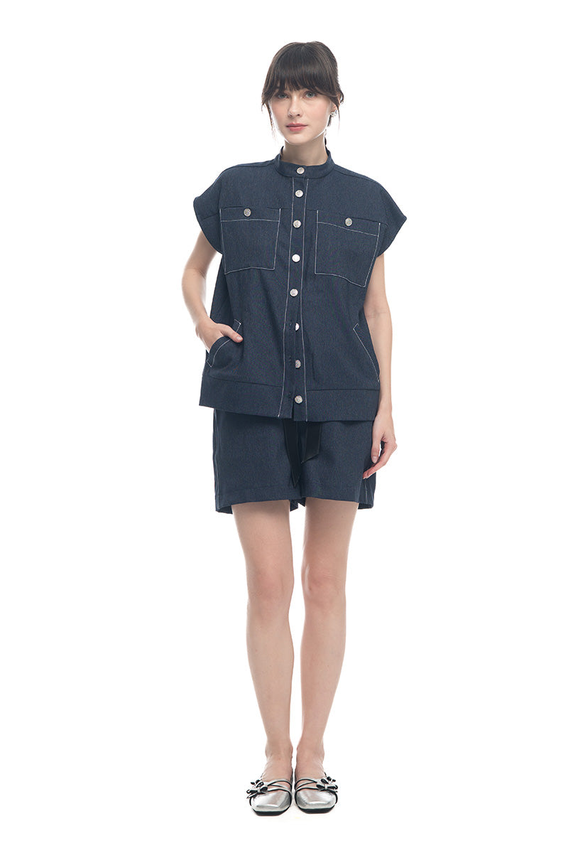 Cap-Sleeved Utility Top In Denim Blue