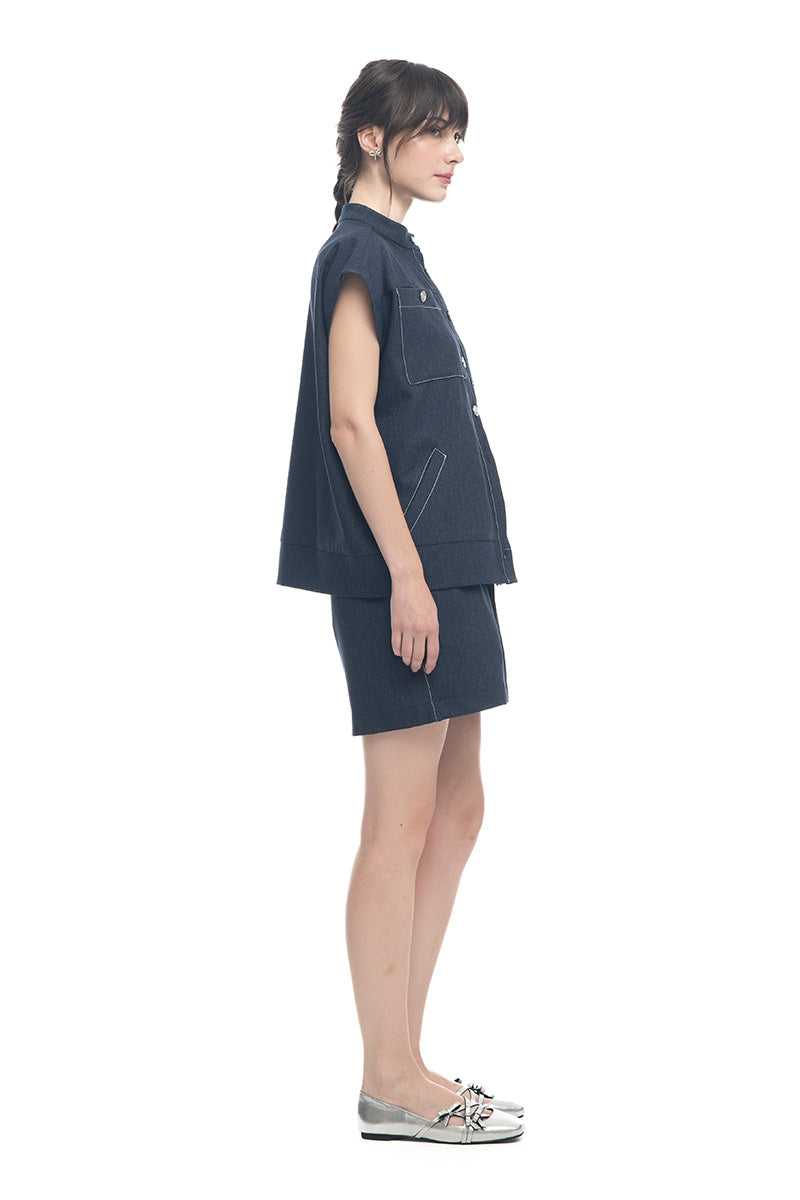 Cap-Sleeved Utility Top In Denim Blue
