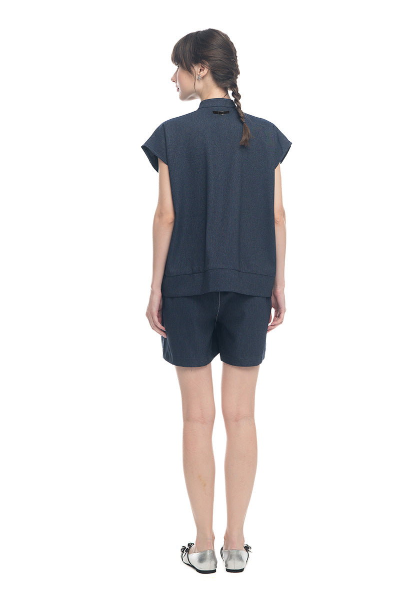 Cap-Sleeved Utility Top In Denim Blue