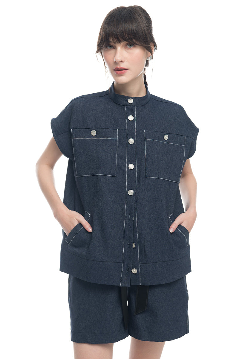 Cap-Sleeved Utility Top In Denim Blue