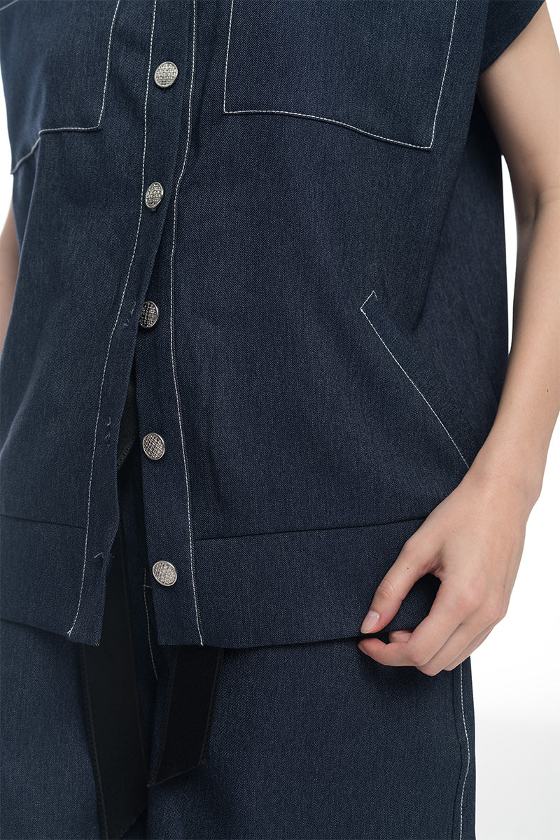 Cap-Sleeved Utility Top In Denim Blue