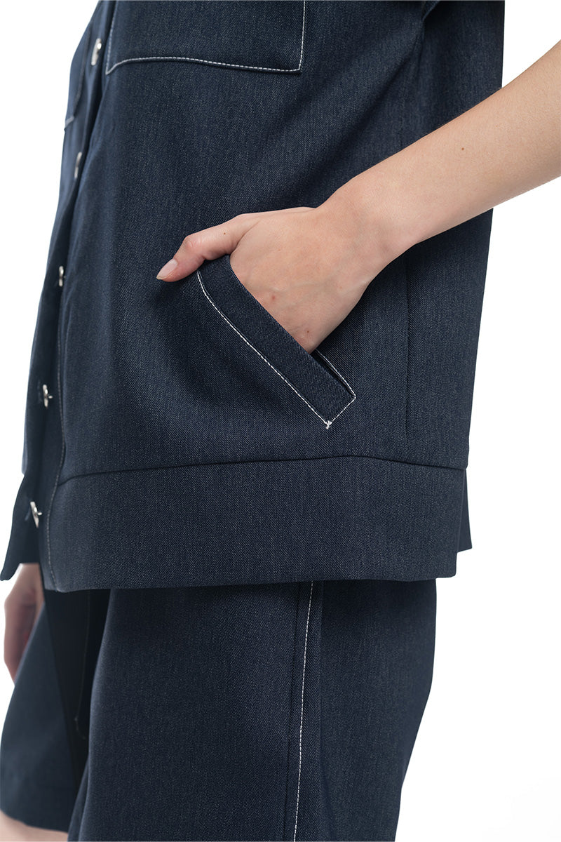 Cap-Sleeved Utility Top In Denim Blue