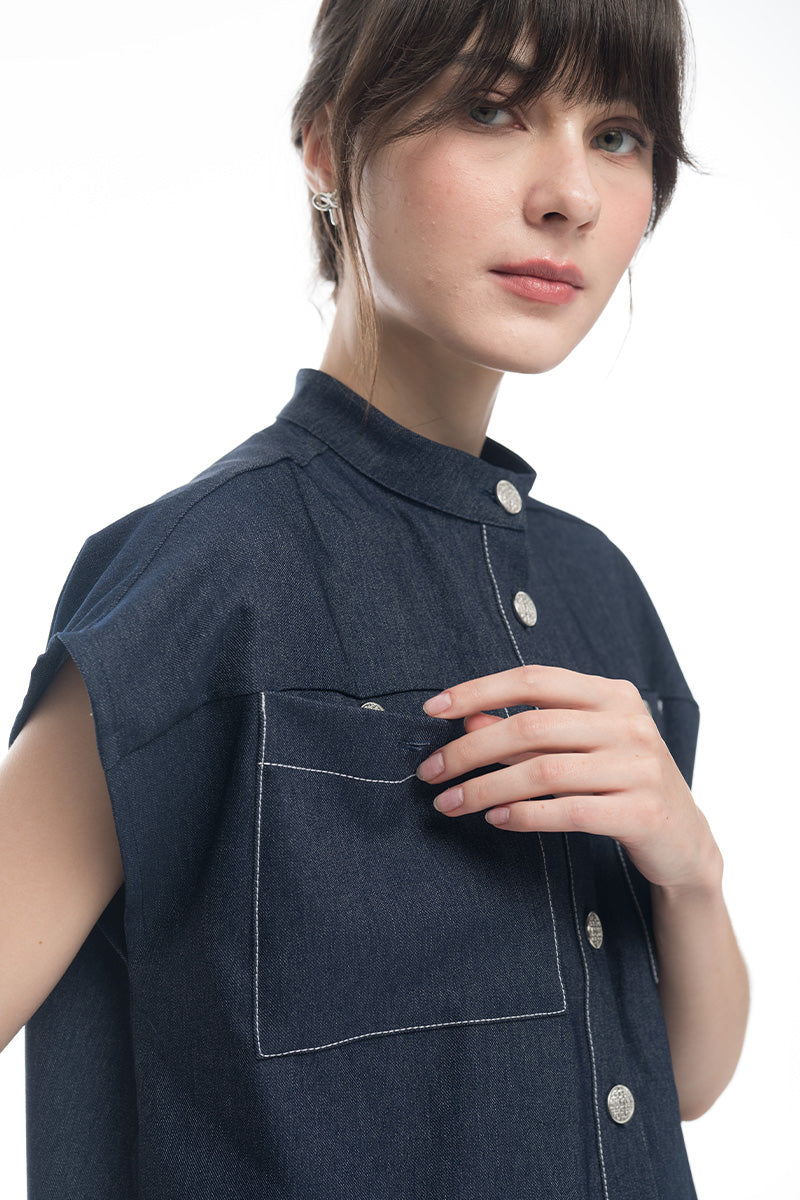 Cap-Sleeved Utility Top In Denim Blue