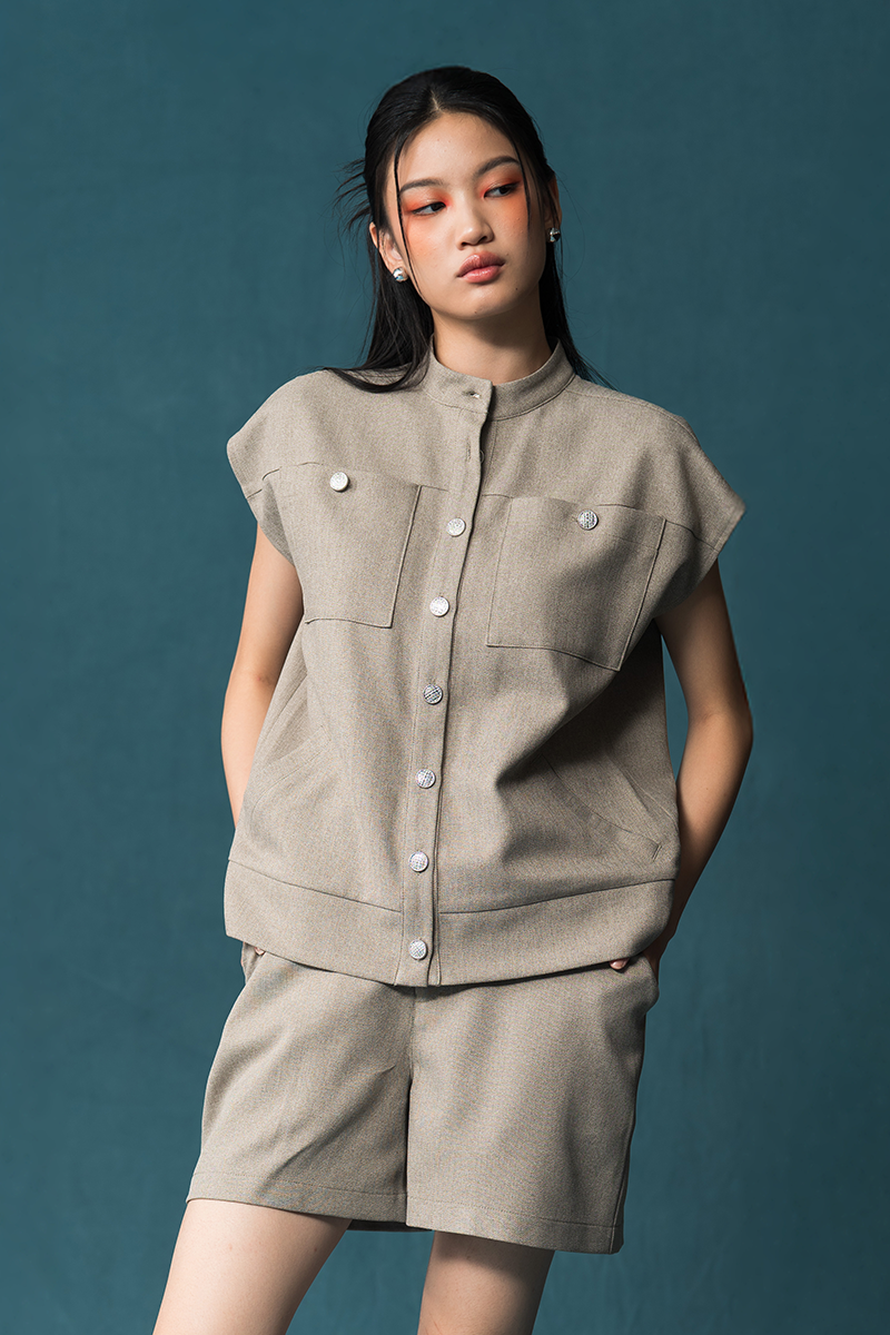 Cap-Sleeved Utility Top In Taupe