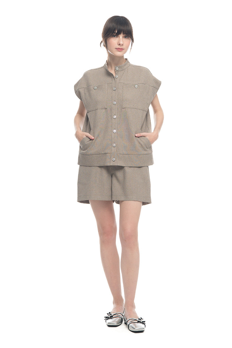 Cap-Sleeved Utility Top In Taupe