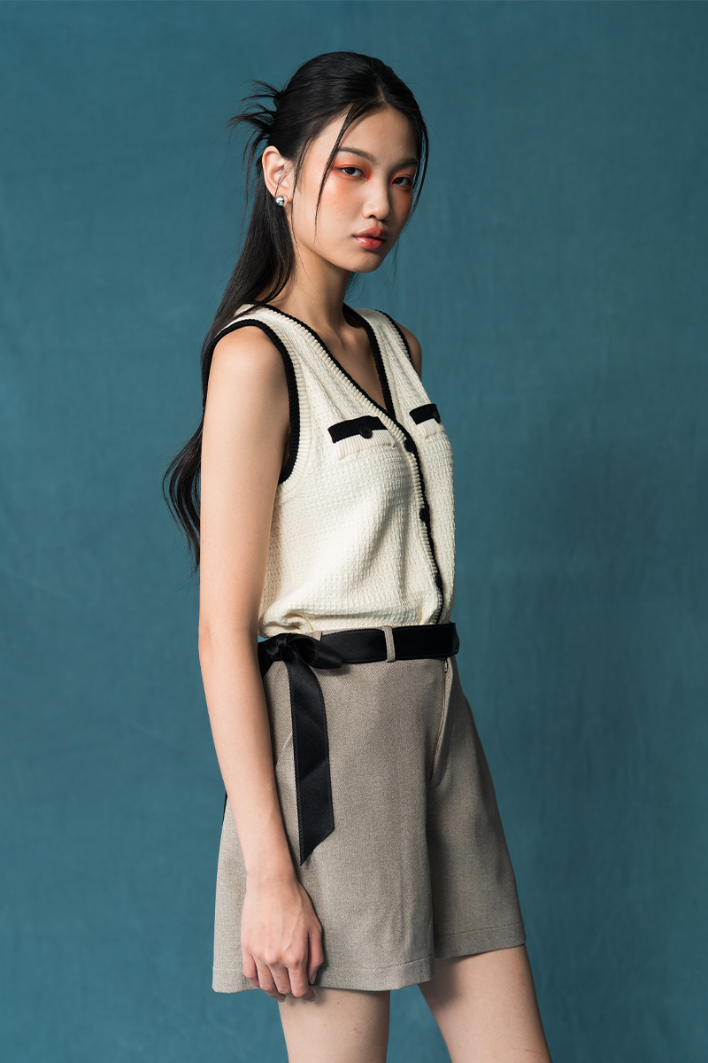 Knitted Top With Contrast Piping In Ivory