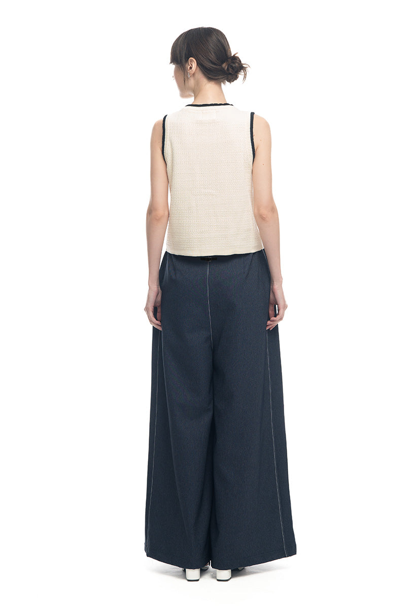 Knitted Top With Contrast Piping In Ivory