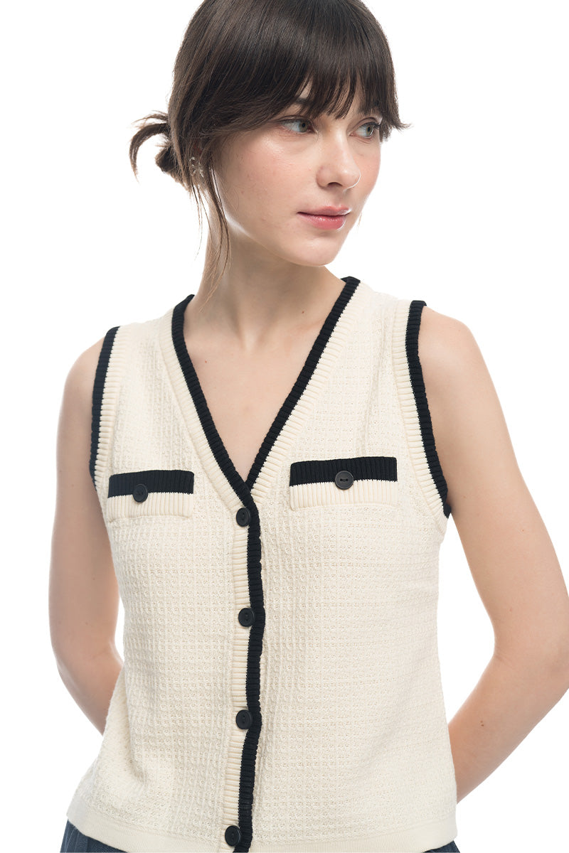 Knitted Top With Contrast Piping In Ivory