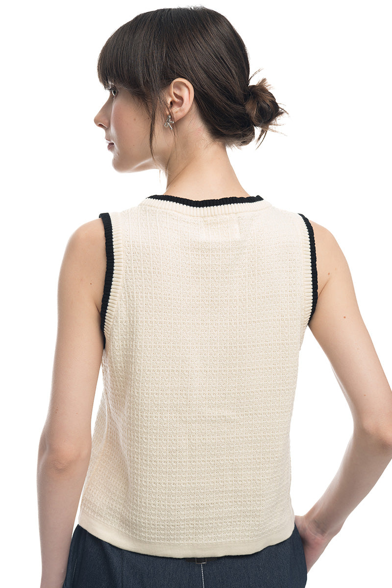 Knitted Top With Contrast Piping In Ivory