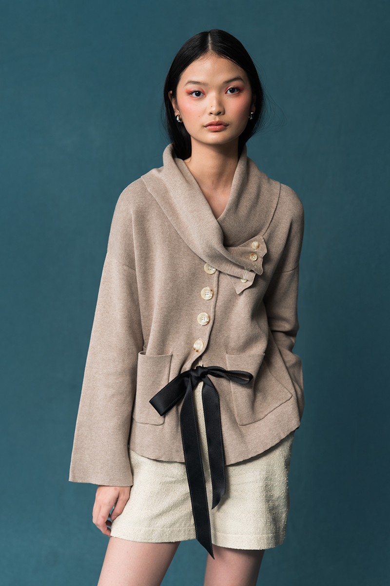 Knitted Top With Detachable Shawl In Latte Brown