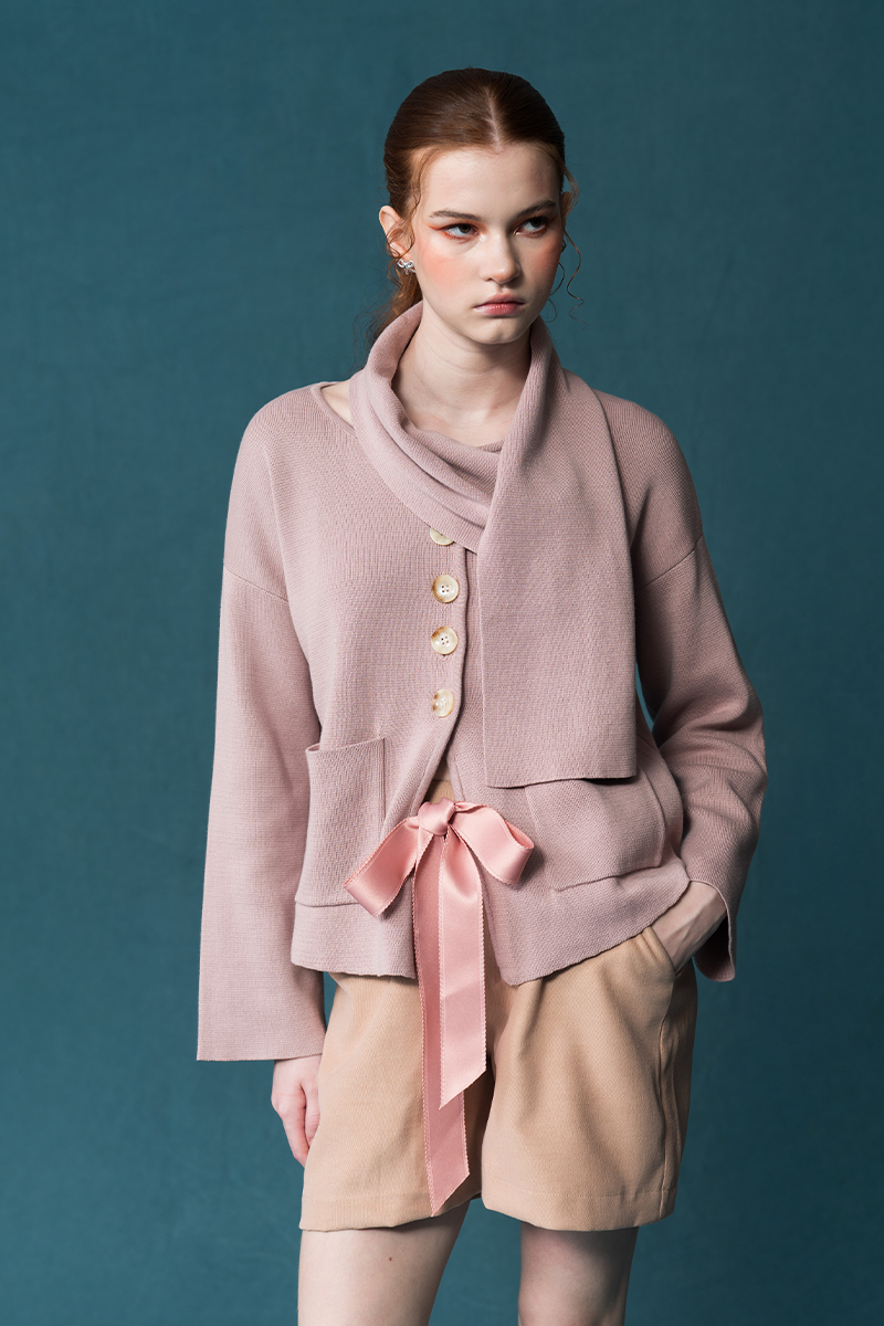 Knitted Top With Detachable Shawl In Mauve Pink