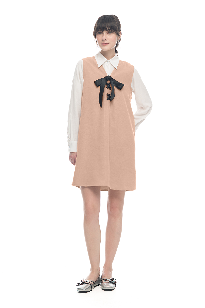 Lace-Up Ribbon Dress In Camel