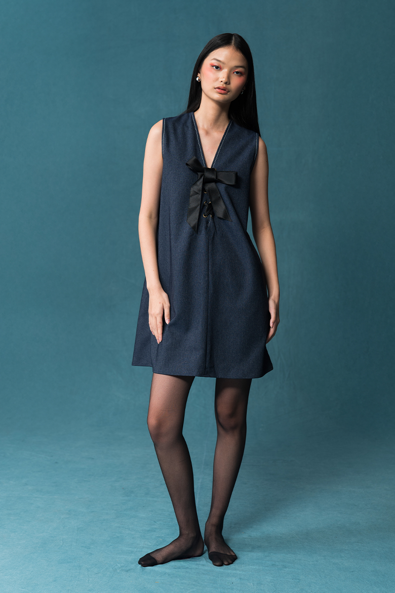 Lace-Up Ribbon Dress In Denim Blue