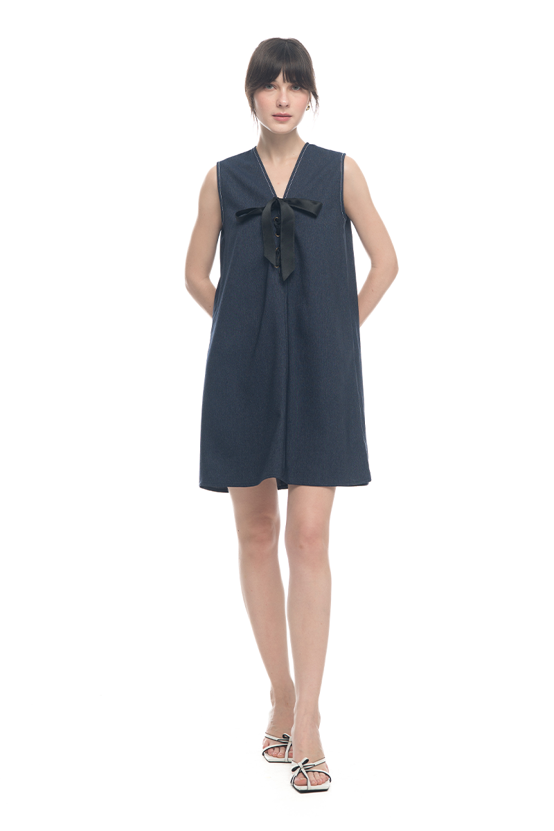 Lace-Up Ribbon Dress In Denim Blue