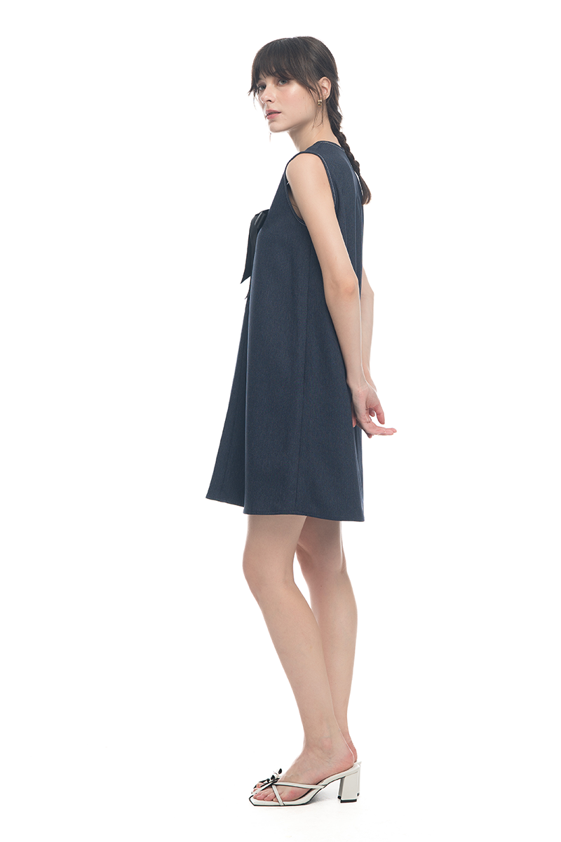 Lace-Up Ribbon Dress In Denim Blue