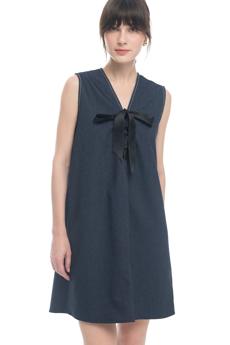 Lace-Up Ribbon Dress In Denim Blue