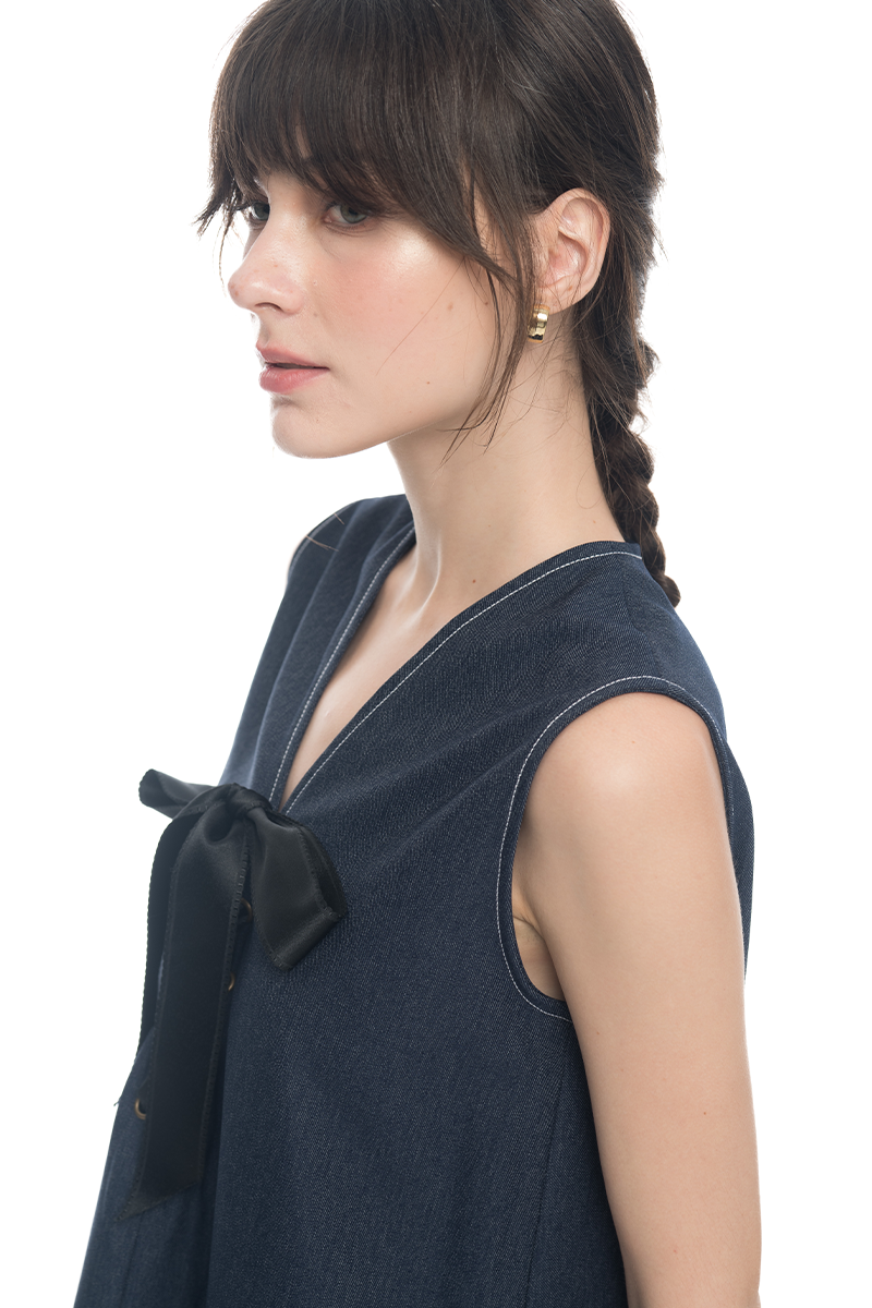Lace-Up Ribbon Dress In Denim Blue