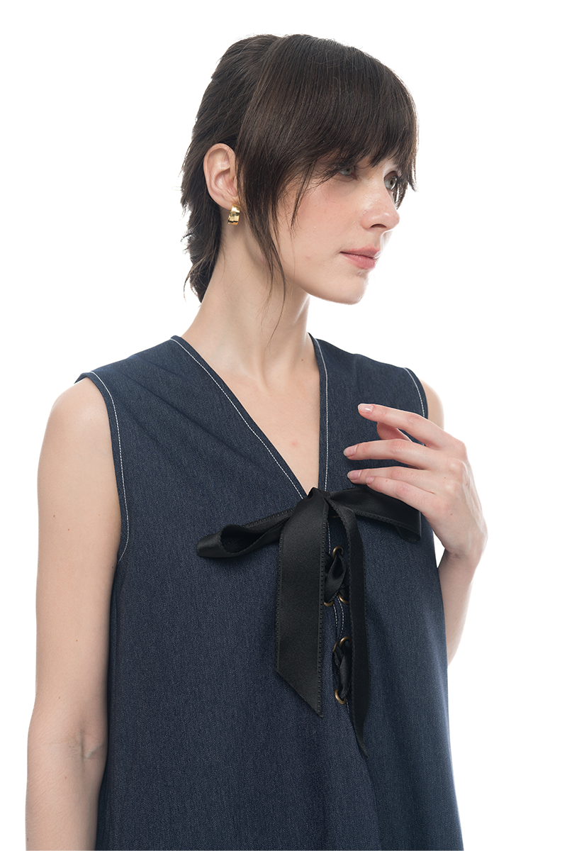 Lace-Up Ribbon Dress In Denim Blue
