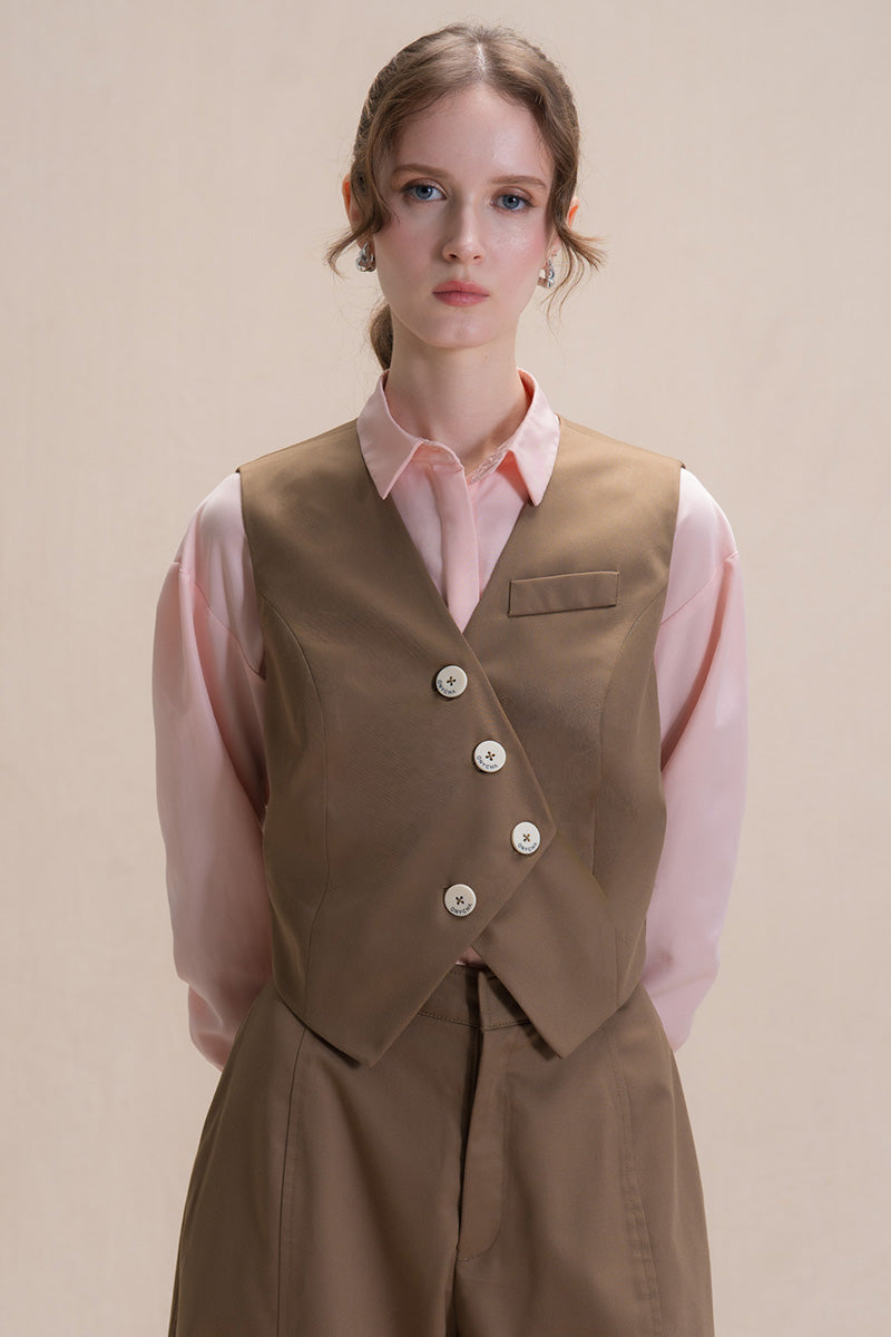 Asymmetric Buttoned Vest In Toffee Brown