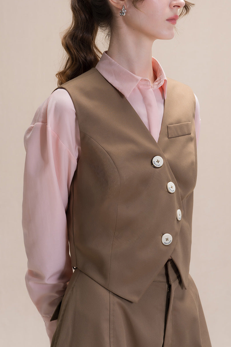 Asymmetric Buttoned Vest In Toffee Brown