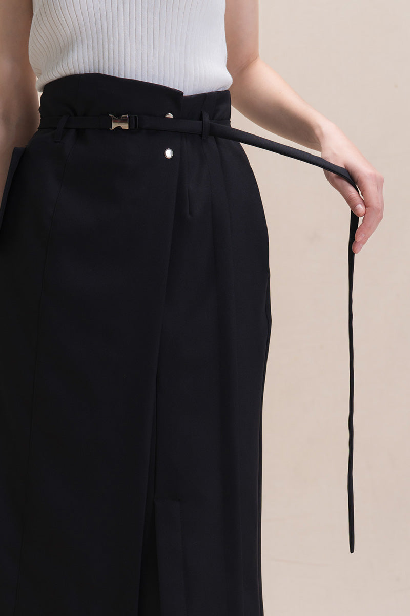 Asymmetric Wrap Midi Skirt In Black