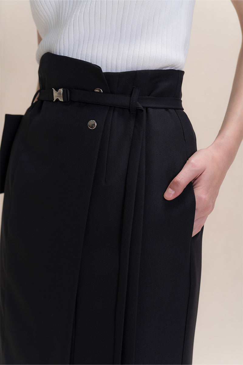 Asymmetric Wrap Midi Skirt In Black