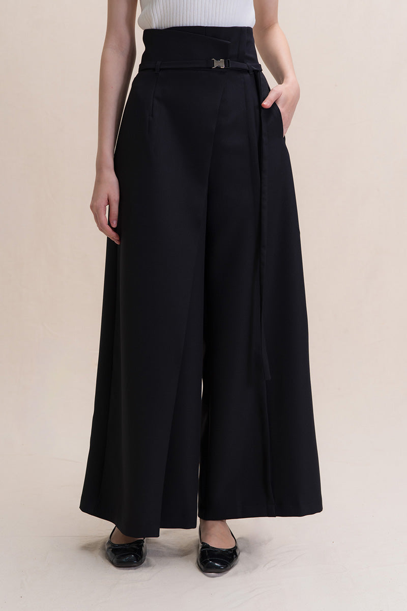 Asymmetric Wrap Wide Leg Pants In Black