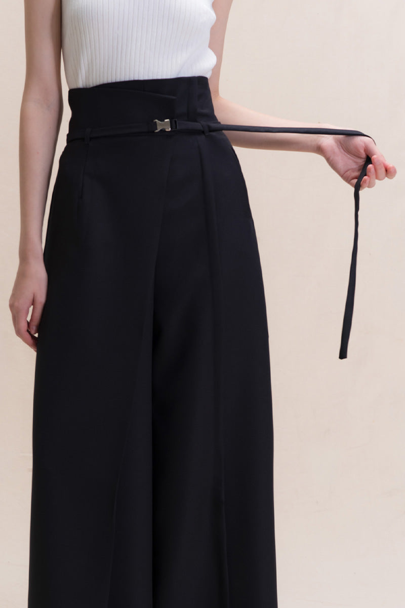 Asymmetric Wrap Wide Leg Pants In Black