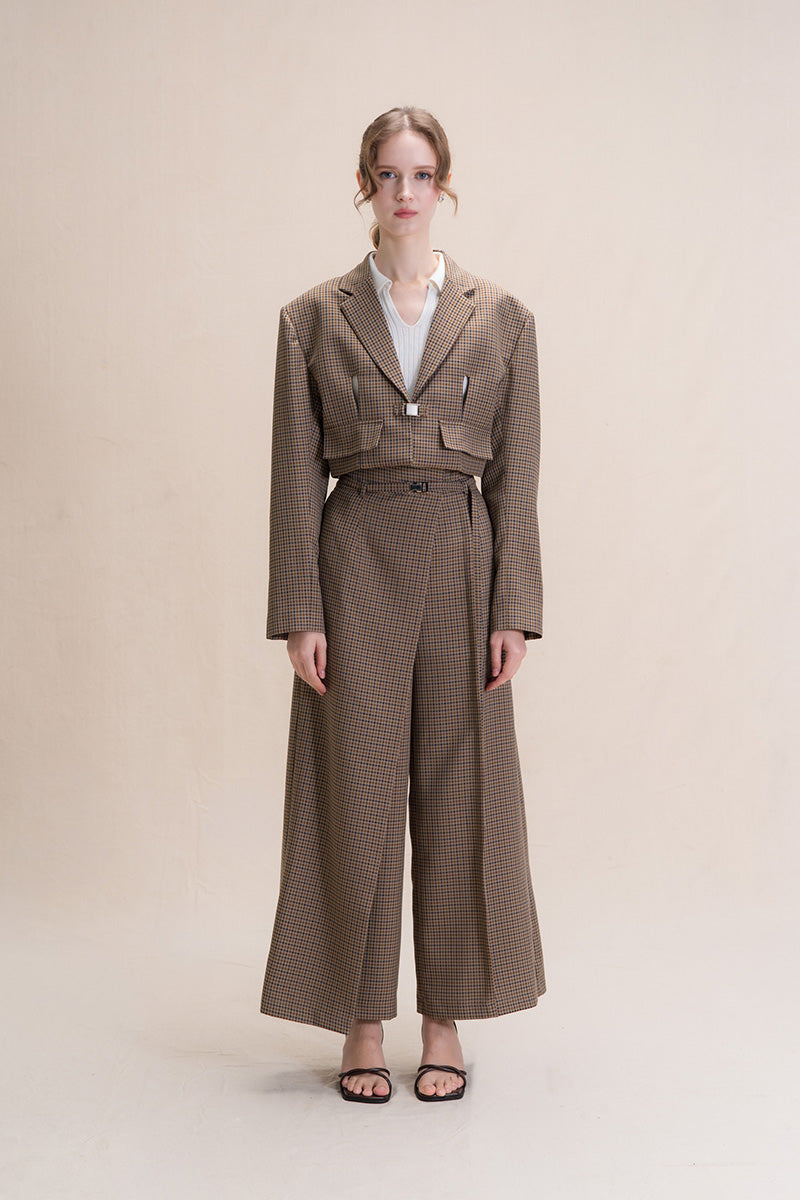 Asymmetric Wrap Wide Leg Pants In Brown Houndstooth