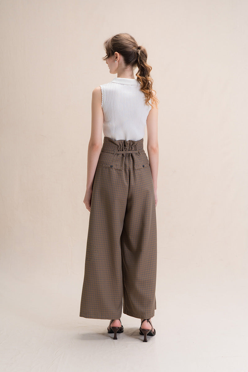 Asymmetric Wrap Wide Leg Pants In Brown Houndstooth