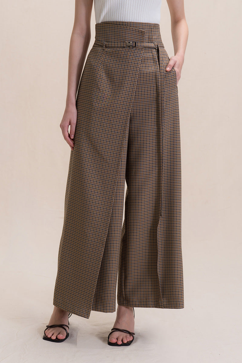 Asymmetric Wrap Wide Leg Pants In Brown Houndstooth