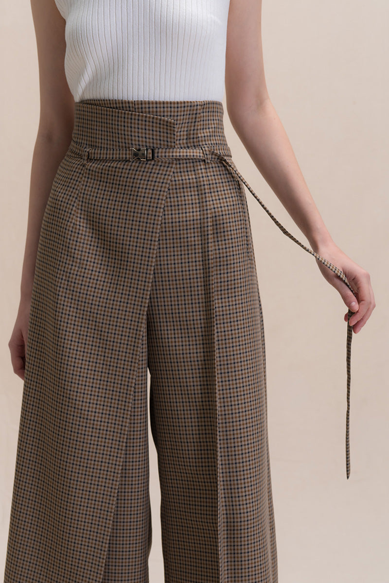 Asymmetric Wrap Wide Leg Pants In Brown Houndstooth