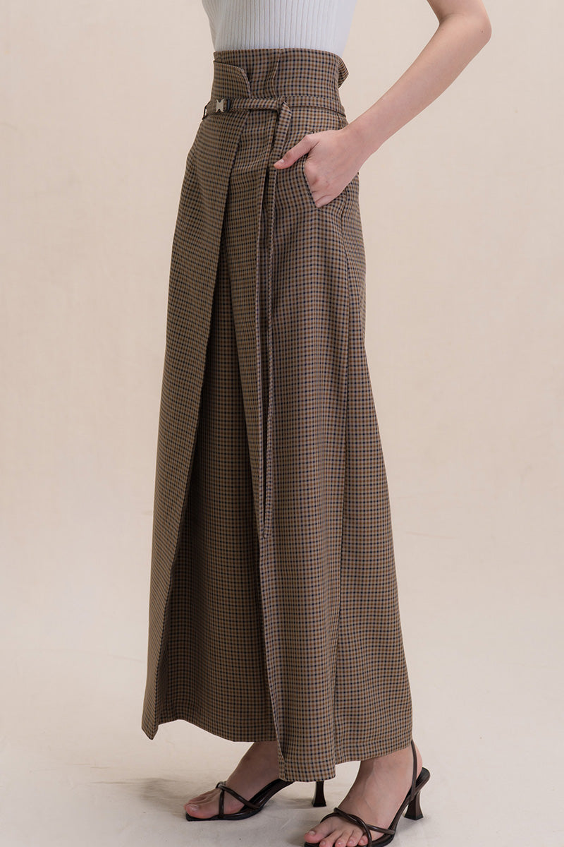 Asymmetric Wrap Wide Leg Pants In Brown Houndstooth